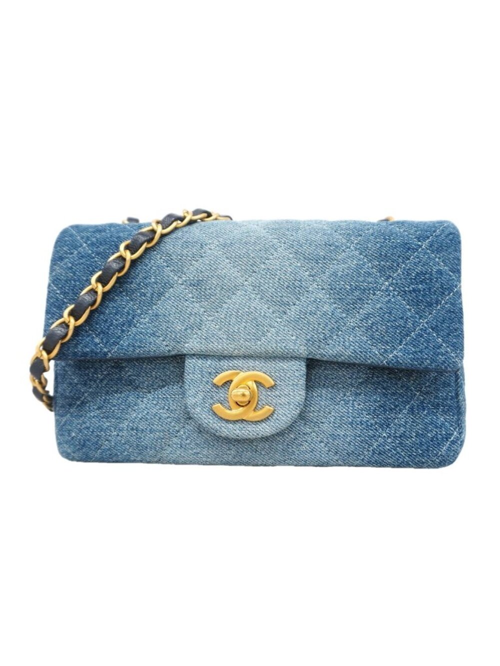 Chanel Shoulder Bag Mini Quilted Denim Blue Gold